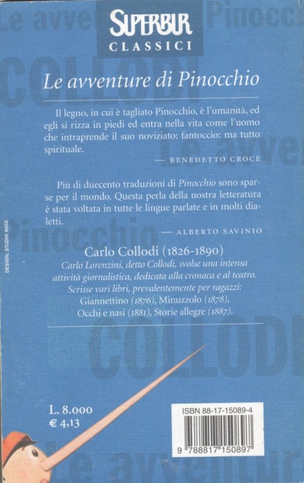 retro di copertina del libro 
Le avventure di Pinocchio di Carlo Collodi 
edito da Rizzoli Libri, Milano
