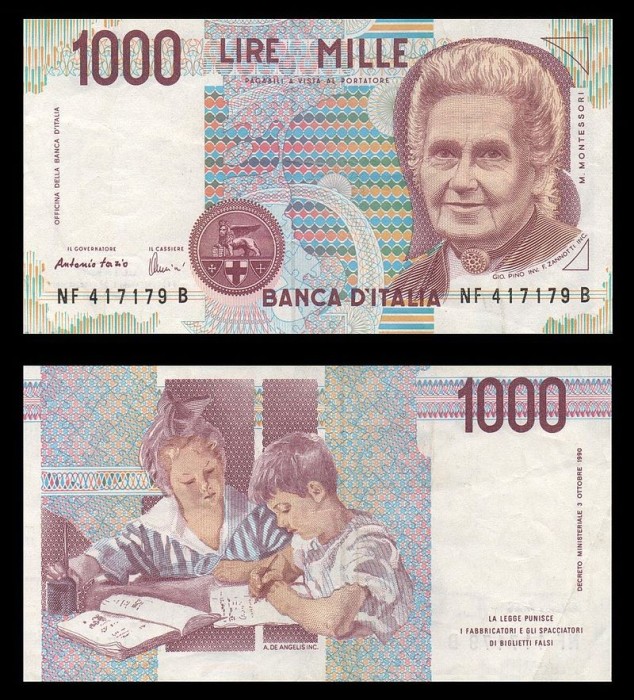 mille Lire italiane 
con ritratto di Maria Montessori 
 CC by-sa-3.0 Flanker