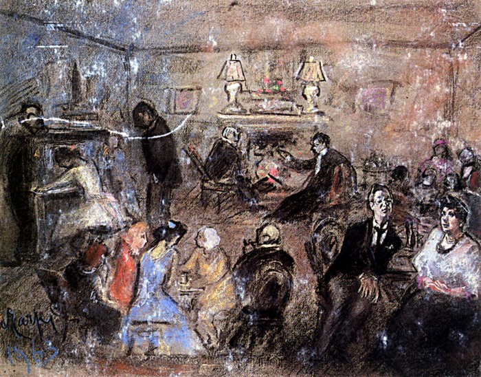 Delio Tessa disegno di Aldo carpi 
del Tessa 
che riceve per una festa in casa 
la madre del Rosti