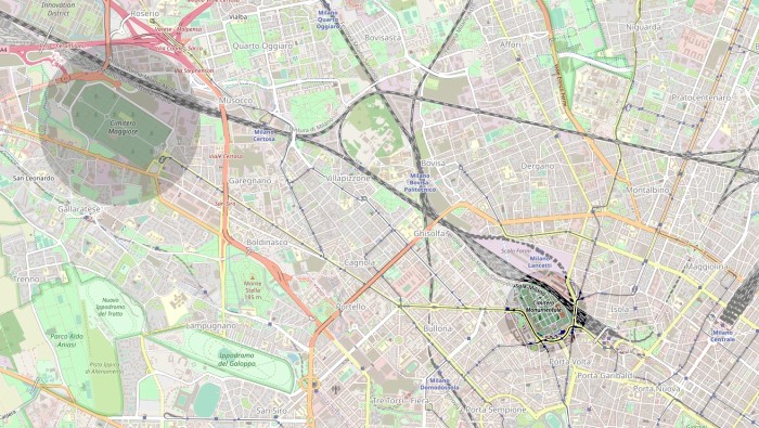 Mappa Open Street 
  con evidenziati i due cimiteri
  Musocco e Monumentale di Milano