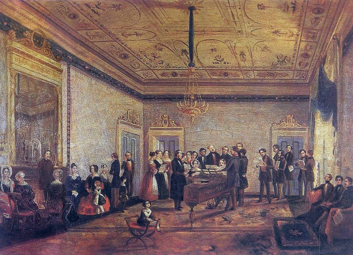 RITRATTO DI UN SALOTTO MILANESE, seconda metà del 1800,
 di Fulvia Bisi 
Milano, 24 dicembre 1818 – Milano, 15 luglio 1911
 è stata una pittrice italiana...
 Figlia del celebre pittore paesaggista Giuseppe Bisi e di Ernesta Legnani, 
 allieva dell'incisore Giuseppe Longhi, svolge il suo apprendistato presso 
 il padre del quale nella sua prima produzione ripropone modi e soggetti. 
 Nel 1842 esordisce all'Esposizione di Belle Arti dell'Accademia di Brera 
 partecipando con assiduità alle edizioni successive fino al 1859. 
 Premiata all'Accademia di Brera nel 1845 per l'esecuzione di un grande paesaggio montano, 
 si afferma sulla scena artistica milanese come erede della tradizione romantica lombarda.
... Fin dalla metà degli anni Quaranta 
inizia a differenziarsi dai modi paterni realizzando un vasto repertorio di vedute e paesaggi 
- lombardi e ticinesi - aggiornato sulle coeve ricerche 
in chiave naturalista condotte da Giuseppe Canella.
Nella maturità raggiunge una personale cifra stilistica 
contraddistinta da una stesura pittorica vibrante, 
fatta di brevi pennellate, 
e da una particolare sensibilità 
verso i valori atmosferici e luministici del paesaggio. 
da Wikipedia 
