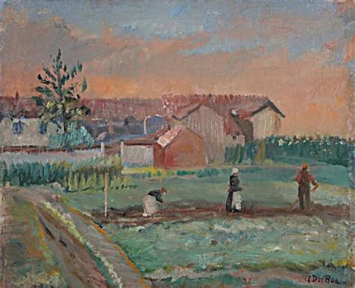 Milano, case e contadini,
 dipinto di
 Angelo Del Bon
 (Milano, 12 aprile 1898 – Desio, 10 giugno 1952)