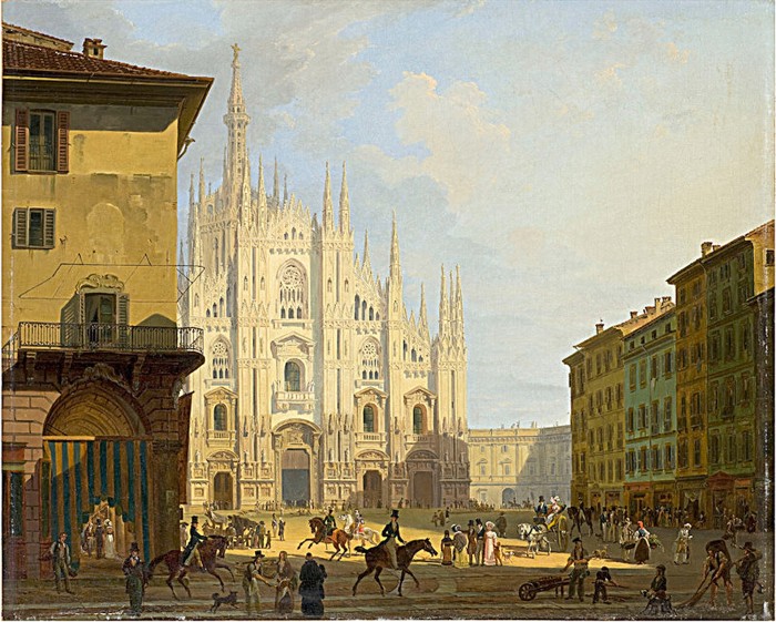 Milano, piazza Duomo, nel 1828
 dipinta dal pittore e scenografo:
 Giovanni Migliara
 (Alessandria, 15 ottobre 1785 – Milano, 18 aprile 1837)
